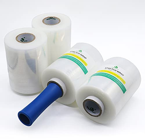 BOMEI PACK Mini Stretchfolie, Handfolie Wickelfolie, 20my x 127mm x 300m, Packfolie Transparent, 4 Rollen mit 1 Griff