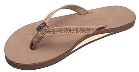Rainbow Sandals Ladies Las Flores - Single Layer Premier Leather with a Floral 1/2 Narrow Strap, Dark Brown, Ladies 8.5-9.5