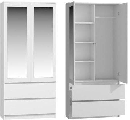WHATSIZE ENTERPRISE Mirrored Wardrobe with Drawers - Double Closet for Bedroom - 2 Door Wardrobe with Drawers, Shelves and Hanging Rail - Modern Bedroom Furniture, White