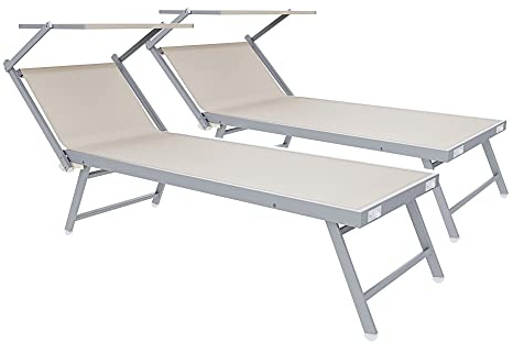 Arreditaly Lettini Prendisole Pieghevole Professionale Alluminio Tessuto Textilene 720 gr/m² Tettuccio Orientabile Parasole Sdraio Prendi Sole Mare Spiaggia Piscina 182 x 60 x 38 cm (2, Beige)