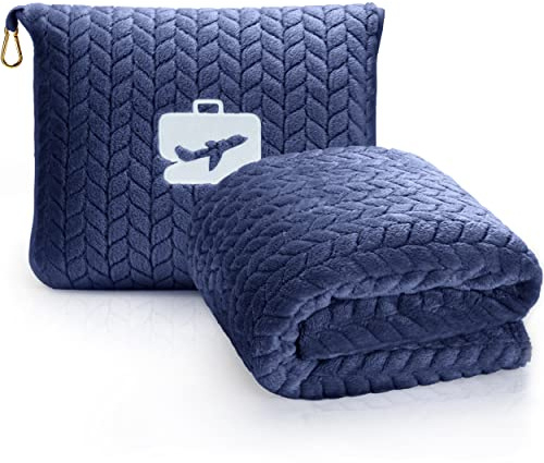 EverSnug Premium Travel Blanket Pillow - Soft 2 in 1 Airplane Blanket with Soft Bag Pillowcase, Hand Luggage Sleeve and Backpack Clip (Navy Blue)