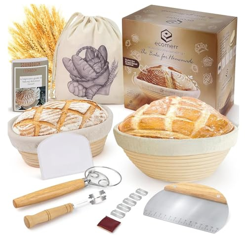 ECOMERR 9 Banneton Bread Proofing Basket Set of 2 – Round & Oval Rattan, Sourdough Starter Kit, Includes Lame, Dough Scrapers, Linen Liner Cloth, Dough Whisk, Bread Bag