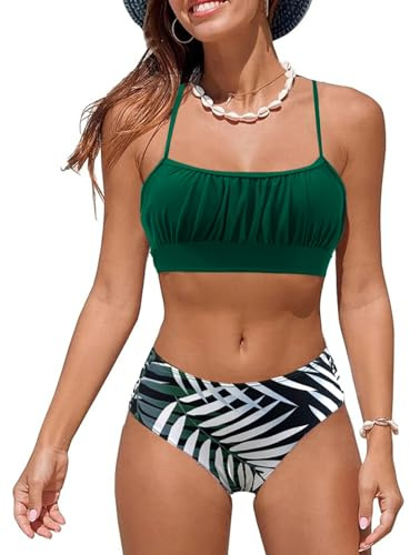 Costumi da Bagno per Donna a Due Pezzi Ruched Bandeau Bikini Set Regolabile Tracolla Costumi Donna Imbottito Push Up Bikini Top Sgambata a Vita Alta Fond Beachwear Swimwear(Verde/Foglie,M)