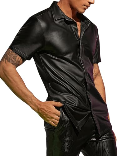 WDIRARA Men's PU Leather Button Down Short Sleeve Dress Shirt Casual Streetwear Top Black S