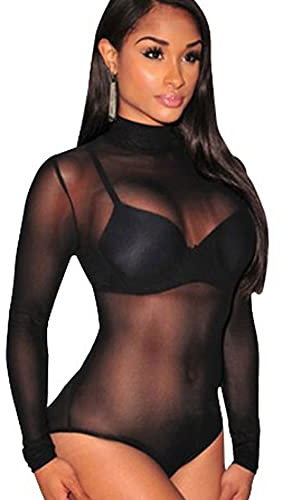 HSAJS Body Mujer Bodies Vestir Manga Larga Bodysuit alto cuello malla ajustada Lencería Camisa Sexy Negro Elegante Elástico Tops Jumpsuit para Fiesta