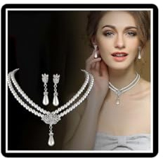 Dishowme Set di orecchini con collana di perle da sposa, set di orecchini con strass da sposa, orecchini pendenti, gioielli con perle finte per donne e ragazze
