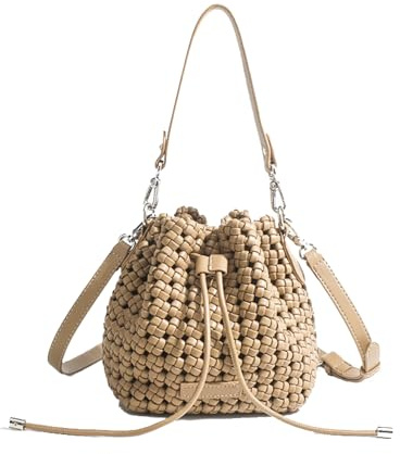 JINMANXUE Fashion Hollow Bucket Tote Bag For Women, Crossbody Female Handbag Woven Silk bag Leisure Leather Shoulder Bag (P-Khaki)