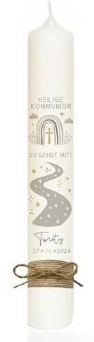MilaBoo® personalisierte Kommunionkerze I 40 x 4 cm premium Kerze mit RAL - Zertifizierung I beidseitig bedruckt in Farbe I Made In Germany (grau 2)