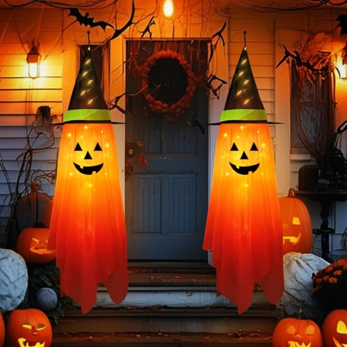 Decoración Halloween Fantasma Colgantes, 2 Piezas 1.35M Luces Fantasma Decoracion Halloween Exterior, Sombrero de Bruja Calabaza Luz LED Halloween Decoracion para Puerta Fiesta Jardin Interior Naranja