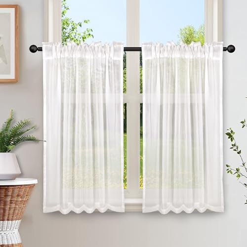 Heveer Scheibengardine Halbtransparente Vorhänge Weiß Halb Bistrogardine Fenstervorhang Deko für Wohnzimmer Küche Landhaus 2er Set 65x60 cm