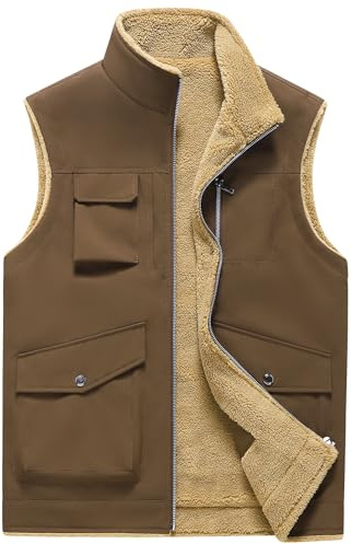 AIEOE Chaleco de forro polar para hombre, chaleco con forro polar, resistente al viento, chaleco térmico para exteriores, ligero, sin mangas, con bolsillos con cremallera, marrón, L