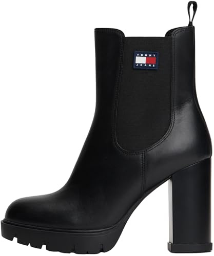 Tommy Jeans Women’s Leather Heeled Ankle Boots, Black (Black), 7
