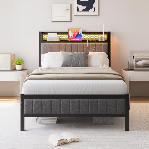 MOFLUT Single Bed Frame with Upholstered Headboard, No Box Spring Needed