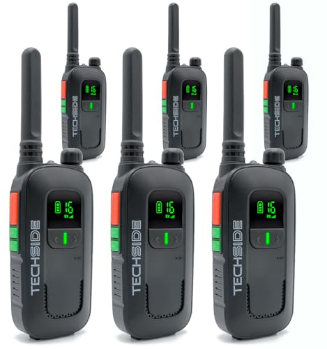 Techside TS-T2 Professionell Walkie Talkie PMR446 med 16 Kanaler (Licensfritt) | 5 nivåer VOX | Automatisk Kanalsökning | Öronpropp & USB-laddare | Set med 6 enheter