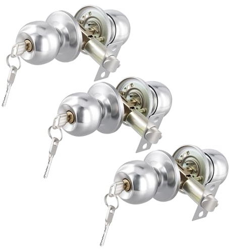 CHUENKUK Juego de 3 Pomos de Puerta con Cerradura y Llave - Pomo de Bola Giratorio de Acero Inoxidable Plateado para Dormitorio, Baño, Oficina - Fácil Instalación