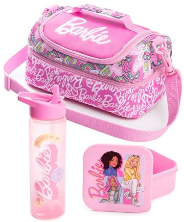 Barbie Girls Pink Lunch Bag with Bottle & Snack Pot | Stronger Together Zip-Up Carry Set | Adjustable Shoulder Strap | Back to School Cartoon Graphic Design Merch