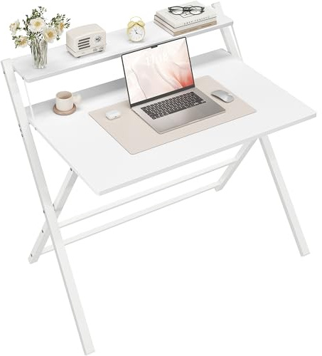 Yaheetech Scrivania Pieghevole per Computer a 2 Livelli 100 cm Tavolo Pieghevole in Legno Moderno Design Scrivania Salvaspazio Compatto Tavolino con Ripiano per Monitor Bianco/Grande