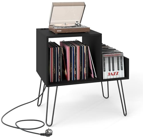 GIANTEX Soporte para Tocadiscos, 66x45x67cm, Mesa Auxiliar con Estación de Carga, Estantería de Almacenamiento para Vinilos con Patas Metálicas, Armario para Dormitorio, Salón (Negro)