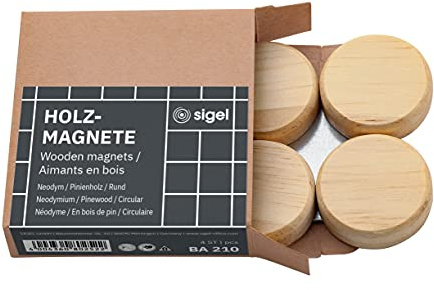 SIGEL BA210 Holz-Magnete Neodym - rund - mit starker Haftkraft - ⌀ 33 mm - 4 Stück - SuperDym, für Glasmagnettafeln und Whiteboards