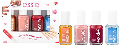 Essie All Your Nails Need Nail Polish and Nailcare Gift Set with 4 Items: Fishnet Stockings, Eternal Optimist, All In One Top & Base Coat, Apricot Oil