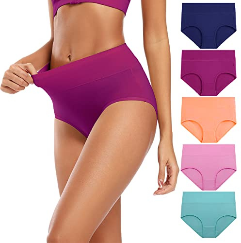 Molasus Women's Soft Cotton Underwear Briefs High Waisted Postpartum Panties Ladies Full Coverage Plus Size Underpants Pack of 5,Medium
