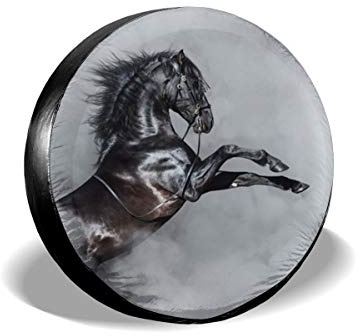 972 Funda De Rueda De Repuesto Caballo Negro Hipster Animal Funda Rueda Repuesto Poliéster con Cordón Cubierta del Neumático para Vehiculos, Coche 15 Inch