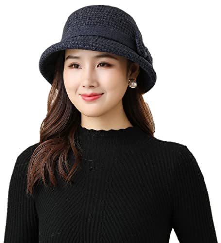 Damen Winter Wollfilz Mütze Vintage Cloche Hüte Derby Kleid Hüte Klassisch Fedora Hut Bowler Kirche Hüte Fischerhut Herbst Eleganter Breite Krempe Schlapphut mit Schöner Fliege für Mädchen Frauen