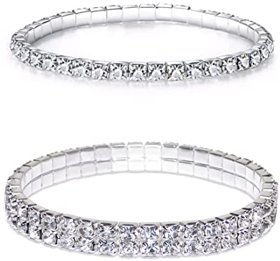 ARHZ Fußkettchen für Damen - 2 Stücke Diamant Fußkettchen für Frauen, Elastischer Kristall Silber-Ton Funkelnde Charm Fuß Schmuck Armreif