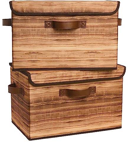 GRANNY SAYS Storage Boxes with Lid for Wardrobe, Pack of 2 Lidded Storage Boxes Collapsible, Fabric Baskets for Shelves Organising, Top of Wardrobe Organisation, Wood-Grain Yellow, 40 x 26 x 25.5 cm