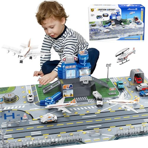 Flugzeug Spielzeug Set mit Lastwagen, Hubschrauber, Flugzeuge, Schilder und Flughafen-Spielmatte, interaktives frühes Lernspielzeug für Kleinkind Jungen und Mädchen, tolles Geschenk für Geburtstag und