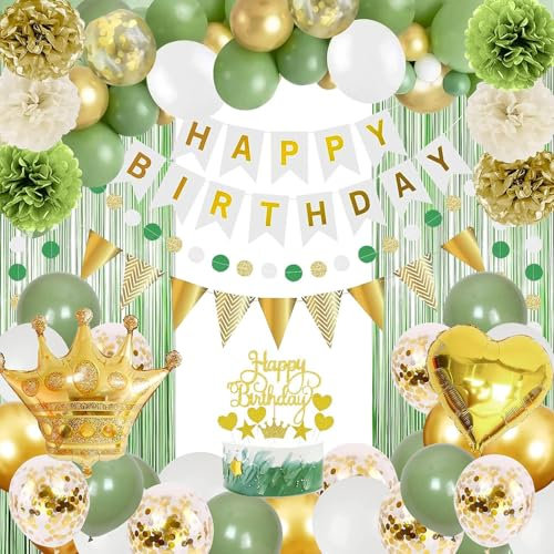 Geburtstagsdeko Grün, Geburtstag Deko Frauen Luftballon Girlande Salbeigrün Gold weiß mit Happy Birthday Girlande, Cake Topper, Lametta Vorhang und Pompons Deko