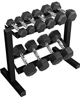 CAP Barbell 150 LB Rubber Hex Dumbbell Set with 2-Tier Rack for Home Gym Strength Training, Chrome Handle, Black Rack