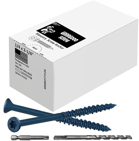 Grrrgooo Screw 1/4 x 2-1/4 Star Torx Head Concrete Screws - Steel Masonry Screws for Concrete, Bricks, Blocks - Self-Tapping Concrete Screws with 3/16 x4-1/2 Drill Bit - 100 Screws/Box