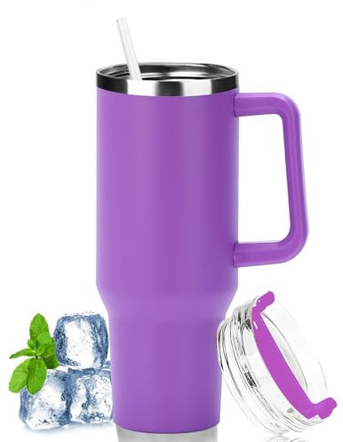 LOITTAINUE Taza térmica con pajita y asa, 1180 ml, taza de café To Go con tapa, doble pared, de acero inoxidable, taza aislante al vacío, taza portátil para bebidas frías y calientes (morado)