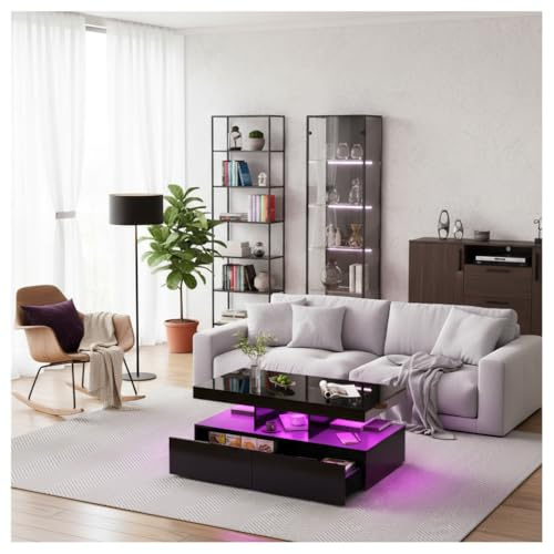 BLSYHDH Rechteckiger Couchtisch, Wohnzimmertisch mit LED und 2 Schubladen, moderner Wohnzimmertisch, schwarz, Kaffeetisch für Wohnzimmer (schwarz)