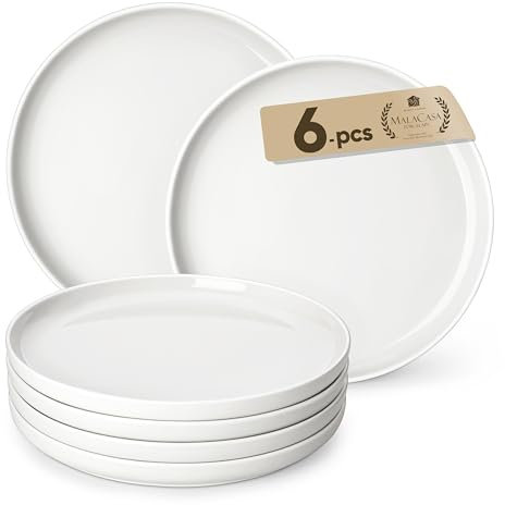 MALACASA 8.25 Inch Ceramic Dinner Plates Set for 6, Scratch Resistant Kitchen Side Plates for Dessert/Pasta/Main Course/Salad, Dishwasher and Microwave Safe, Ivory White