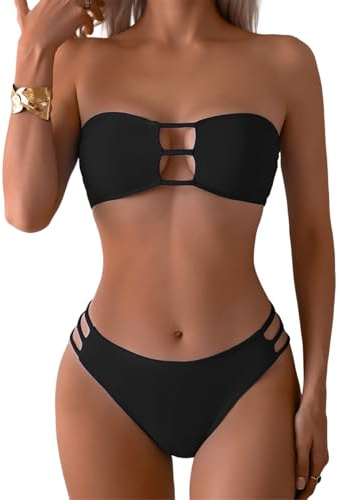 Tainehs Women's Two Piece Strapless Bikini Sets Bandeau Cutout Swimsuit High Cut Bathing Suits Black