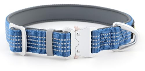 Plutus Reflekterande hundhalsband för husdjur med luftfartsaluminiumspänne, neoprenvadderat för komfort, lätt, slitstarkt nylonhalsband för valp små medelstora hundar (blå, M)