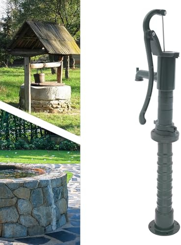 Hand Well Water Pump,Cast Iron Manual Well Pitcher Pump with Heightening Base,Extended Spout,BSB-75 Dark Green Deep Hand Shake Well Water Transfer for Yard Garden Pond,Farm Irrigation (Pump+Base)