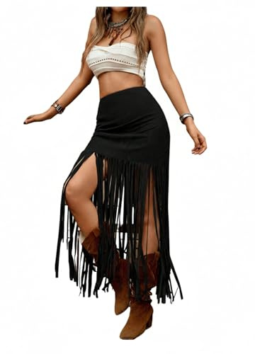 WDIRARA Women's Fringe Bodycon Skirts High Waisted Tassel Suede Western Cowgirl Maxi Skirts Black Small