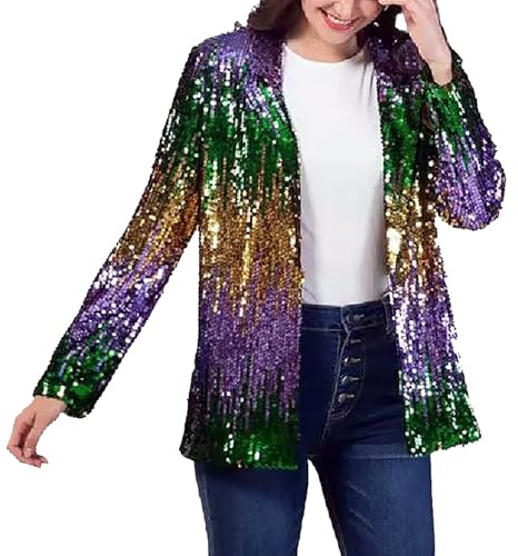 Blazer - Elegante chaqueta de invierno para mujer, con lentejuelas, degradado de color, blusa suelta, disfraz de carnaval, glamour, chaqueta bomber, chaqueta ligera para los hombros, verde, L