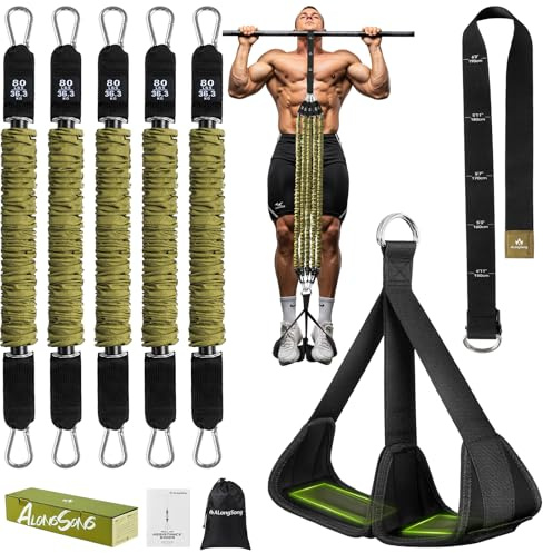 ALongSong Pull Up Assistance Bands with Foot Support Pedal Upgraded Heavy Duty Resistance Bands Adjustable Weight/Height with 5x80Lbs Bands&Measured Strap for Strength Training Home Gym Workout-Green
