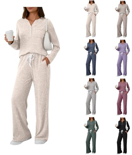 tenues d’aéroport confortables femme Tenues D’aéroport Confortables Femme Col en V Bouton Tricot Rayé À Manches Longues + Pantalon Cordon Ensemble Sport 2 pièces Oversize survêtements vetement