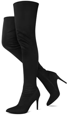 Jiu du Women's Thigh High Black Over The Knee Boots 3.94IN Party Dance Sexy Pointed Toe Suede Stiletto Long Fall Winter Boots