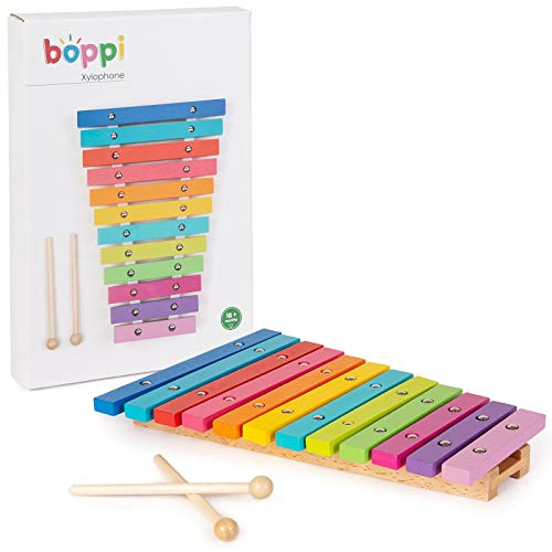 boppi Xylophon aus Naturholz, für Kleinkinder und Babys, mit 2 Holzschlägeln und 12 regenbogenfarbenen Tasten für Kinder und Kinder, 32 cm lang, ab 18 Monaten
