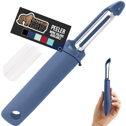 GORILLA GRIP® Patented BPA-Free Vegetable Peeler, Extra Sharp Swivel Stainless Steel Blades with Guard, Comfortable Soft Handle, Easily Peel Carrots or Fruit, Potato Eye Remover, Dishwasher Safe, Blue