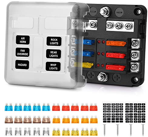 MICTUNING 6 Fach Sicherungshalter,Wohnmobil Boot Sicherungskasten 100A mit 30pcs Sicherungen und LED Etikette