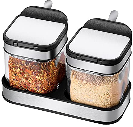 SvaTao Tarro de condimentos con tapas y cucharas de acero inoxidable 304, recipientes de condimentos de vidrio transparente, caja de condimentos, contenedor de sal, azucarero, juego de 2 para cocina