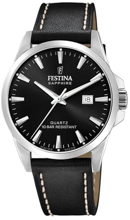 Festina Swiss Made Montre Homme Analogique Cuir Noir - Quartz Date - Verre Saphir Résistant - Étanche 10 ATM Élégante - F20025/4 Classic Leather