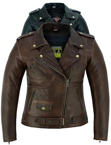 Texpeed Veste moto en cuir pour femme perfect Marlon Brando - Veste de moto de tourisme avec protection véritable biker CE armor (EN 1621-1) Marron - XXL | EN 17092 Vêtement Moto Renforcé Femme EN 1621-1 [Niveau 1] Armure Motard Flexible Doublure Hiver Cuir Véritable